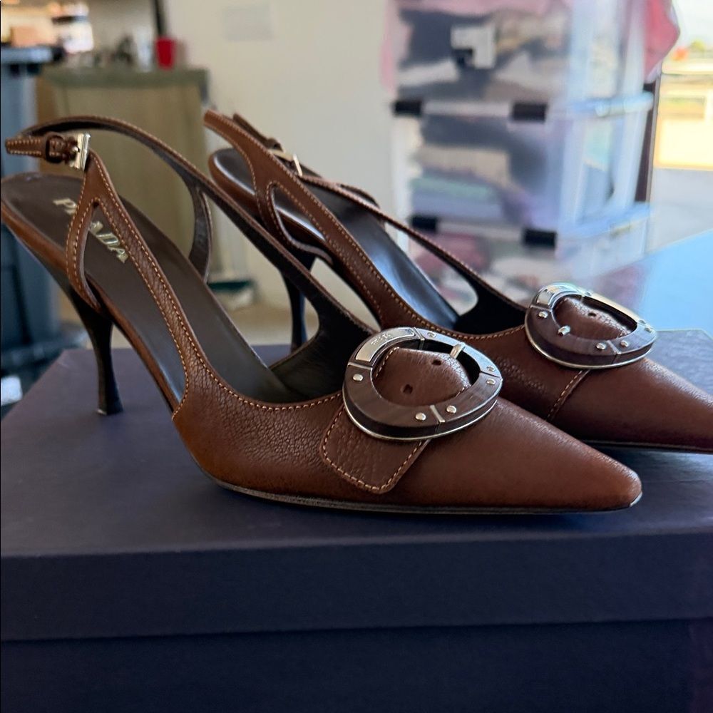 Prada Tan Slingback Heels with Buckle Detail
